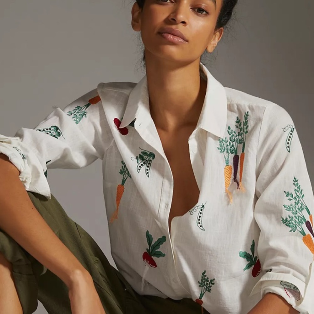 Anthropologie White Blouse with Colorful Embroidery